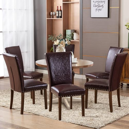 COLAMY Upholstered Parsons Dining Chairs Set of 6, PU Leather Dining Room Kitchen Side Chair with Nailhead Trim and Wood Legs - Dark Brown - color: L-darkbrown, size: Set of 6