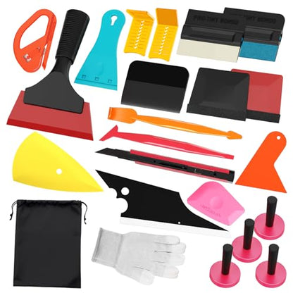 Window Tint Kit Vinyl Wrap Tool Kit Professional Film Car Wrapping Tools Includes Magnet Holders, Felt Squeegees, Plastic Scrapers, Cutting Knives, and Storage Bag