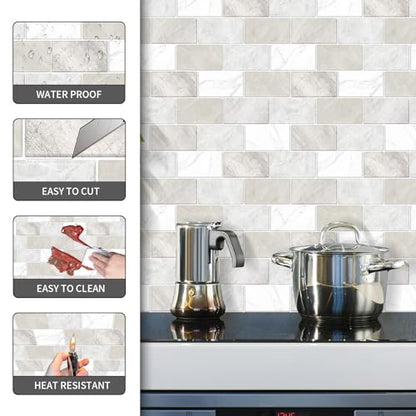 10 Sheets Peel and Stick Backsplash for Kitchen 12"X12" Renter Friendly Backsplash Back Splash Adhesive Subway Wall for Bathroom Tile Sticker Off-White Marble （Not 3D Tile