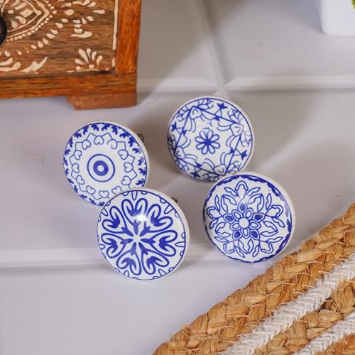 Ajuny 10 Blue White Ceramic Cabinet Knobs, Printed Drawer Pull Handles Set - color: Blue-White