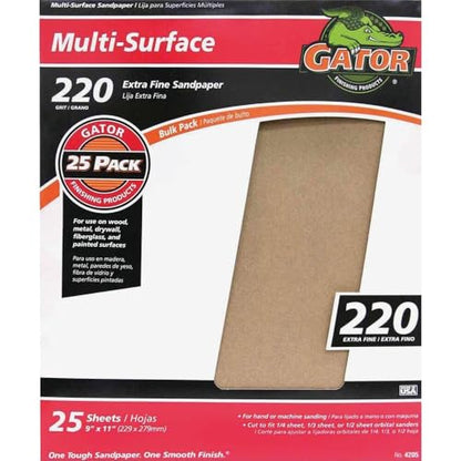 Gator 9" x 11" Multi-Surface Sanding Sheets, 220 Grit, 25 Pack - size: 220 Grit