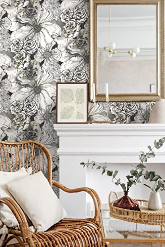 Harry & Grace Ink Rose Abstract Floral Peel and Stick Wallpaper (Onyx) - color: Onyx