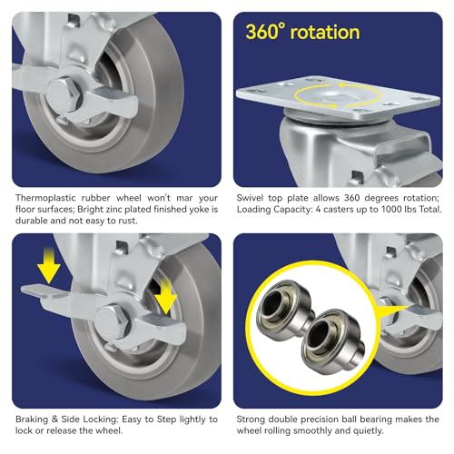Casters Set of 4 Heavy Duty, 3.5" Plate Swivel Caster with Rubber Wheels for Furniture Platform Truck Dolly Cart (2 Brakes & 2 Rigid)