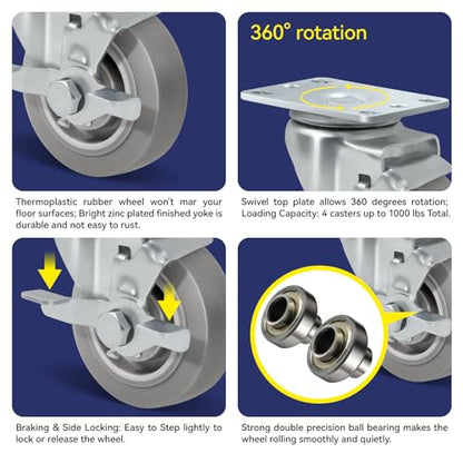 Casters Set of 4 Heavy Duty, 3.5" Plate Swivel Caster with Rubber Wheels for Furniture Platform Truck Dolly Cart (2 Brakes & 2 Rigid)