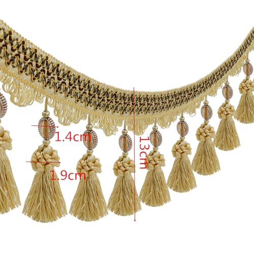 3yards Pom Pom Curtain Fringe Trim Beads Ball Tassel Trimming Sewing Ribbon Upholstery Fabric (Gold) - color: gold