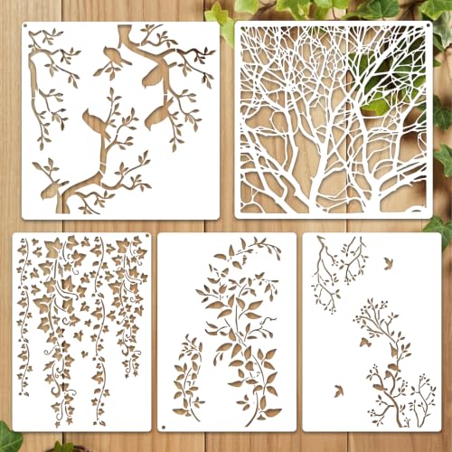 5Pcs Stencils for Crafts Reusable,Tree Leaf Vine Stencils for Painting on Wood, Large Bird Branches Wall Stencil, Leaf Stencil for Painting Wall Furniture Canvas Floor Home Decor