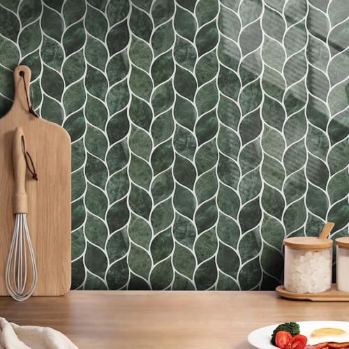 Tilingview 10 Pcs Leaf Design Peel and Stick for Kitchen Backsplash, Premium Self-Adhesive Tiles Wall Stickers (Dark Green) (Pack of 2) - color: Dark Green, size: 12"x12"x0.04" (Pack of 2)