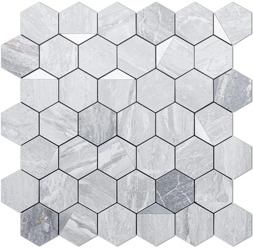 DICOFUN Hexagon Tile Peel and Stick Backsplash, Grey Marble Look PVC Mixed Silver Metal Mosaic Tiles, Pack of 1 - color: Marble Grey + Silver Metal Chip, size: 1 Sheet, 12''x12''x0.12''