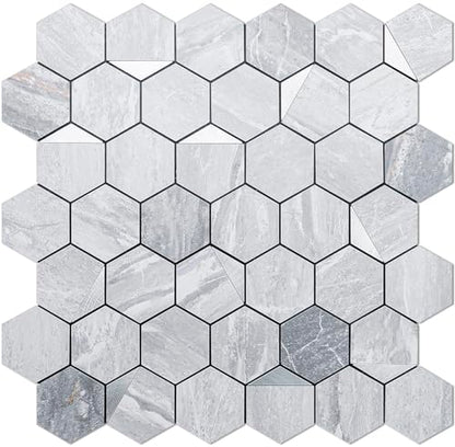 DICOFUN Hexagon Tile Peel and Stick Backsplash, Grey Marble Look PVC Mixed Silver Metal Mosaic Tiles, Pack of 1 - color: Marble Grey + Silver Metal Chip, size: 1 Sheet, 12''x12''x0.12''