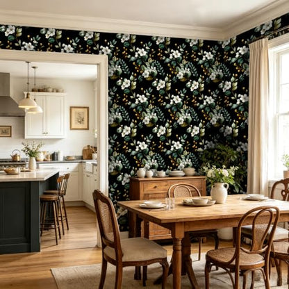 Black Green Dark Moody Floral Peel and Stick Wallpaper 17.5" x 118" - color: Black/Green/White, size: 17.5" x 118"