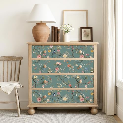 CHIHUT Bird Floral Wallpaper Peel and Stick Chinoiserie Contact Paper - color: Dusty Teal Blue, size: 17.7" x 236"