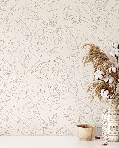 Boho Roses Removable Self Adhesive Minimalistic Wallpaper | Floral Peel and Stick (1 Roll 24" W x 108" H) - size: 24" x 108"