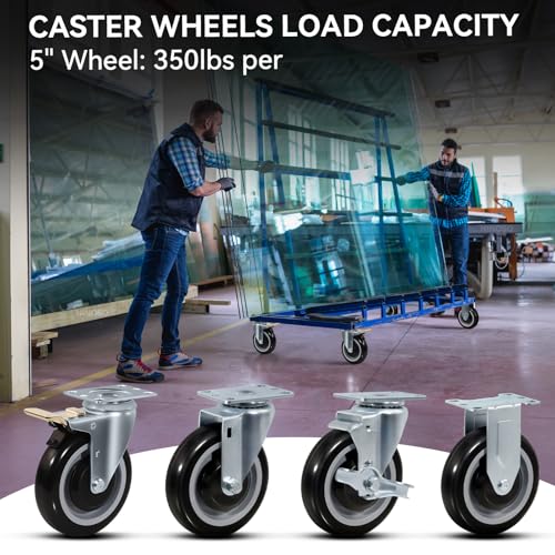 5" Caster Set of 4, Heavy Duty Industrial Caster Wheels, Polyurethane Shopping Cart Wheels Replacement for Furniture Equipment (4 Total Lock Brake) - style: 4 Total Lock Brake