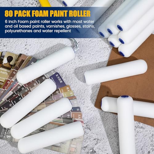 Leumoi 80 Pack Foam Paint Roller 6 Inch Small Paint Roller Covers High Density Foam Roller Sponge Rollers for Painting Doors Wall Cabinet Cupboards Ceilings Brings Smooth Finishes Flat Surfaces