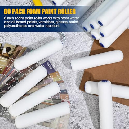 Leumoi 80 Pack Foam Paint Roller 6 Inch Small Paint Roller Covers High Density Foam Roller Sponge Rollers for Painting Doors Wall Cabinet Cupboards Ceilings Brings Smooth Finishes Flat Surfaces