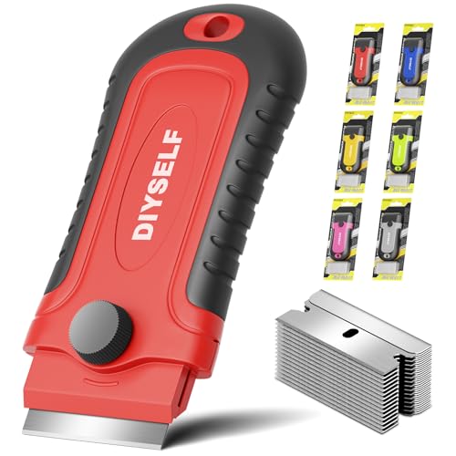 DIYSELF 1 Pack Razor Blade Scraper with 15 Extra Blades, Scraper Tool for Cleaning Window, Paint, Cooktop, Oven, Glass Stove Top Scraper, Razor Scraper with Buit-In Blade Storage - color: Red, size: 1 Pack
