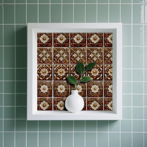 36 Pcs 4 Styles Brown Gold Patten Wall Tile Sticker, 4x4inch - color: Brown Gold Patten