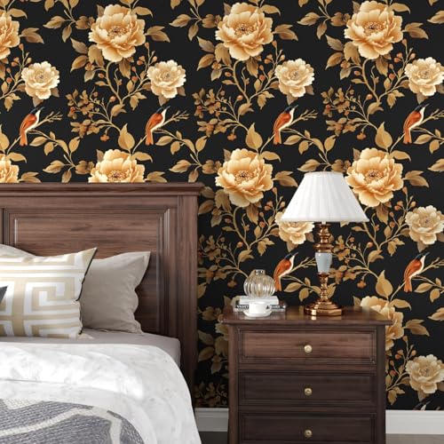Laatse Dark Floral Bird Wallpaper Peel and Stick 17.5"x 118",Black/Golden - color: Black and Gold Bird, size: 17.5" x 118"