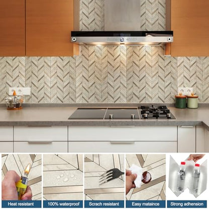 Yipscazo 10-Sheet Herringbone Backsplash Peel and Stick Tile, Light Beig Stone PVC Stick on Backsplash for Kitchen, Waterproof Self Adhesive Wall Tile for Bathroom - color: Light Beige Stone