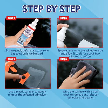 Adhesive Remover Spray, Car Sticker Remover Effortlessly Erase Multi-Surface Residue, Glue Remover for Tap, Decals, Glue, Chewing Gum, Label Remover with Strong Scraper & Towel