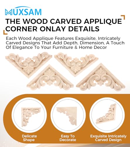 4Pcs Decorative Furniture Appliques Wood Carved Corner Onlays Wooden Decals - size: 3.15 x 3.15 inches