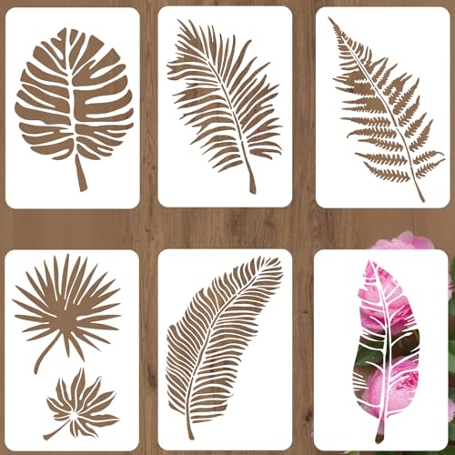 6Pcs 6 Styles Tropical Leaf Stencils Large Leaves Template 12 x 8 Inch Botanical Plant Pattern Reusable PET Plastic Hollow Out Drawing Stencil for Wood Wall Glass DIY Crafts Home Decor - color: Leaf