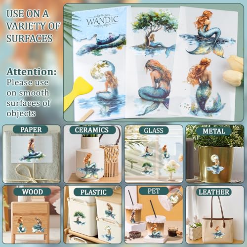 WANDIC 3 Sheets Rub on Transfers for Crafts,Retro Mermaid Theme Scrapbooking Stickers Furniture Transfers Journal Stickers Flower Pattern Decals for DIY Water Bottle Window,15 * 30cm - color: Retro Watercolor Mermaid