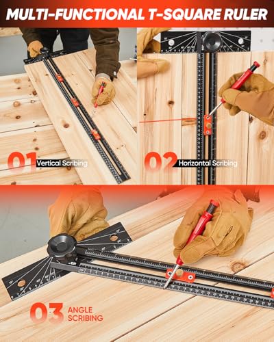Saker 4-in-1 Scriber Marking Line Ruler, 29.5in Spliceable Extended T Square with Pencil, Precision Line Drawing & Drilling Positioning Tool, Cabinet Hardware Jig with Angle Adjustment for Woodworking - size: 29.5inch with Pencil