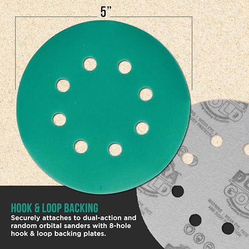 Dura-Gold 5" Green Film Sanding Discs, 400 Grit, 8-Hole, Box of 50, H & L - style: 400 Grit