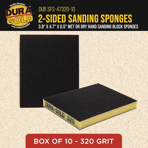 Dura-Gold Sanding Sponge for Wood, Metal, 320 Grit, 4.7" x 3.9", Box of 10 - style: 320 Grit