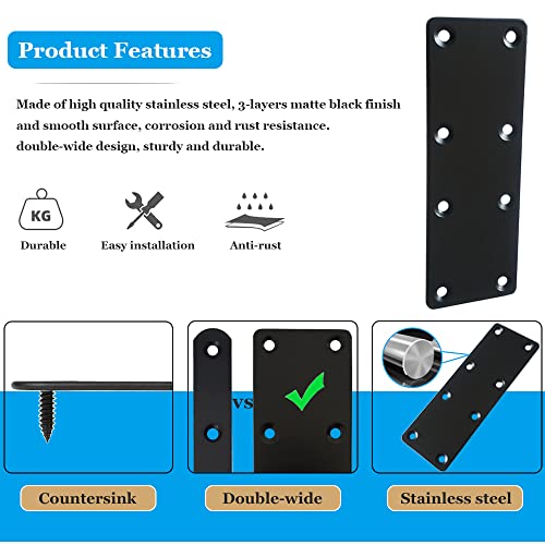 4 Pcs Black Flat Mending Plate Stainless Steel Flat Bracket 5.5 x 1.97 inch Metal Straight Brace Repair Joining Fixing Bracket for Wood, with Screws