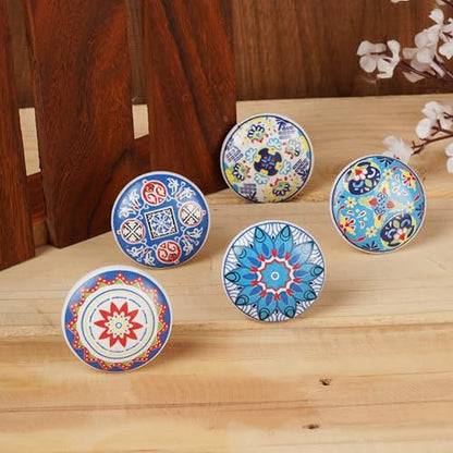 Ajuny Multicolor Ceramic Knobs Set 10 Printed Cabinet Drawer Pull Handles - color: Blue Multi