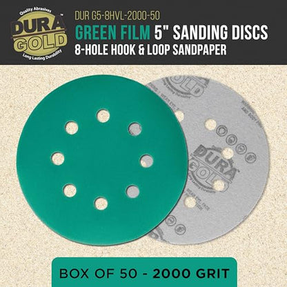 Dura-Gold 5" Green Film Sanding Discs, 2000 Grit, 8-Hole, Box of 50, H & L - style: 2000 Grit