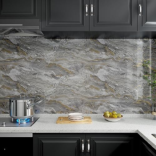 VaryPaper 15.7''x78.7'' Glossy Marble Countertop Contact Paper Waterproof Marble Wallpaper Peel and Stick Counter Top Covers Removable Self Adhesive Granite Vinyl Wrap for Kitchen Cabinets Desk Table - color: Glossy-Grey Gold, size: 15.7" x 78.7"