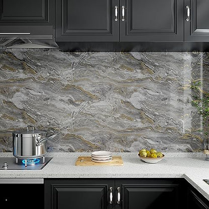 VaryPaper 15.7''x78.7'' Glossy Marble Countertop Contact Paper Waterproof Marble Wallpaper Peel and Stick Counter Top Covers Removable Self Adhesive Granite Vinyl Wrap for Kitchen Cabinets Desk Table - color: Glossy-Grey Gold, size: 15.7" x 78.7"