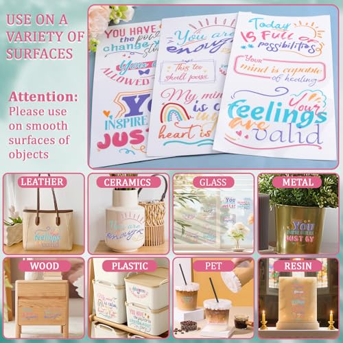 WANDIC 3 Sheets UV DTF Rub on Transfer Stickers, Mental Health Theme 3D Cup Warp Waterproof Decals for DIY Glass Water Bottle Furniture Crafts,15 * 30cm - color: Mental Health