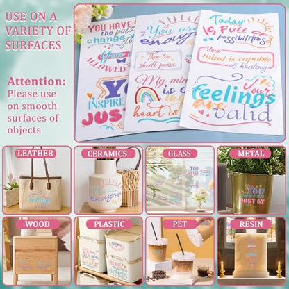 WANDIC 3 Sheets UV DTF Rub on Transfer Stickers, Mental Health Theme 3D Cup Warp Waterproof Decals for DIY Glass Water Bottle Furniture Crafts,15 * 30cm - color: Mental Health