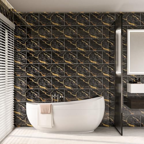 Marble Peel and Stick Backsplash 23.6 x11.8 in, 10PCS - color: Black Stone Gilding