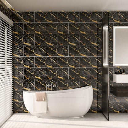 Marble Peel and Stick Backsplash 23.6 x11.8 in, 10PCS - color: Black Stone Gilding