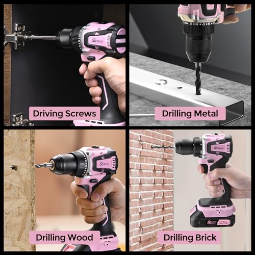 20V Brushless Cordless Drill Set (2-Piece) - Compact Power Drill Driver with 2.0Ah Battery, Power Drill Set with Battery and Charger & 3/8" Keyless Chuck,Pink - color: Pink 2-piece Set