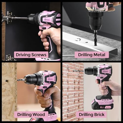 20V Brushless Cordless Drill Set (2-Piece) - Compact Power Drill Driver with 2.0Ah Battery, Power Drill Set with Battery and Charger & 3/8" Keyless Chuck,Pink - color: Pink 2-piece Set