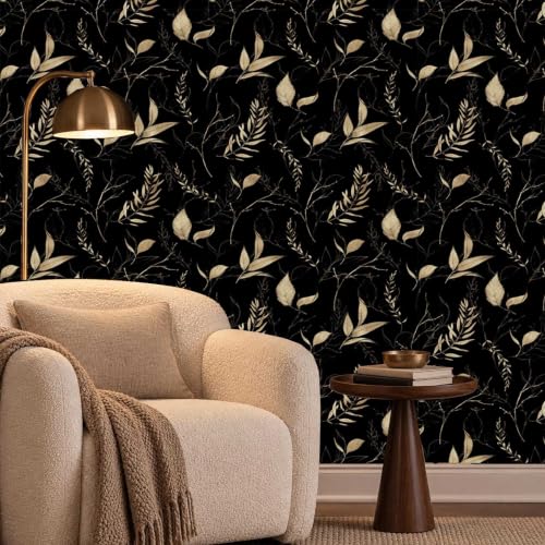 Dark Black and Gold Leaf Peel and Stick Wallpaper 17.7" x 59" - color: Black&Gold, size: 17.7" x 59"