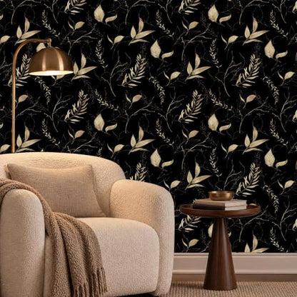 Dark Black and Gold Leaf Peel and Stick Wallpaper 17.7" x 124" - color: Black&Gold, size: 17.7" x 124"