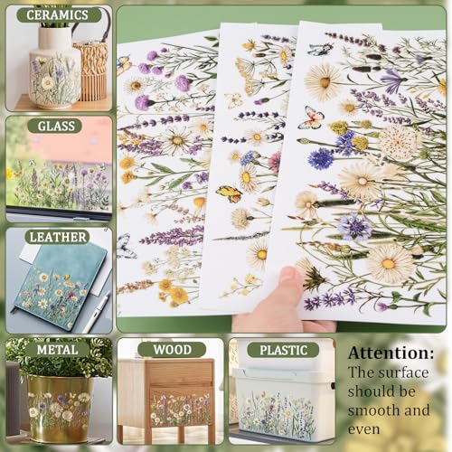 WANDIC 3 Sheets UV DTF Rub on Transfer Stickers, Horizontal Wildflower 3D Cup Warp Waterproof Decals for Glass Bottle Furniture Crafts,15 * 30cm - color: Wildflower Butterfly