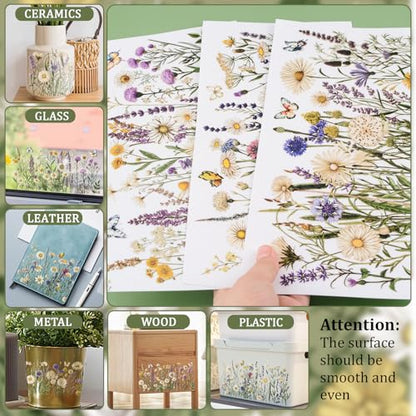 WANDIC 3 Sheets UV DTF Rub on Transfer Stickers, Horizontal Wildflower 3D Cup Warp Waterproof Decals for Glass Bottle Furniture Crafts,15 * 30cm - color: Wildflower Butterfly