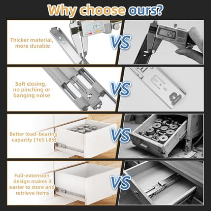 [165 LB Capacity] 1 Pair 14 Inch Soft Close Drawer Slides Side Mount - size: 14 Inch, style: Soft Close Without Lock