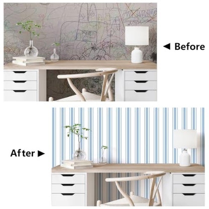 Blue Striped Peel and Stick Wallpaper 17.3" x 1200" - color: Blue, size: 17.3" x 1200"