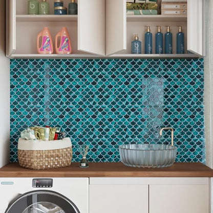 CRE8TIVE 4 Sheets Teal Green Fish Scale Peel and Stick Backsplash for Kitchen Bathroom Tiles Peel and Stick Waterproof Shower Tile Adhesive Backsplash Shell Stick on Wall Tile for Laundry Room 12"x12" - size: 12"x12" (4-Sheets)