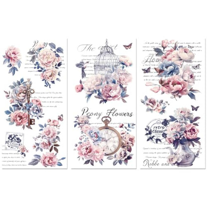 Peacoblue Vintage Peonies Rub On Transfers for Furniture Craft 6"x12" - style: Vintage Peonies