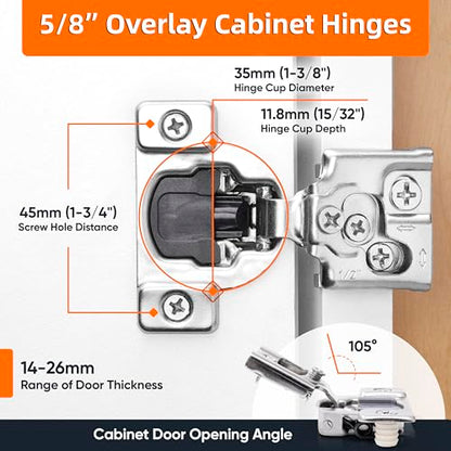 Decobasics 4 Pack Soft Close Cabinet Hinges – 5/8" Overlay for Kitchen Cabinet Doors, Face Frame Concealed Hidden Hinges – Stainless Steel, Self-Closing with 3-Way Adjustment & Slow Close Damper - size: 5/8 Inch